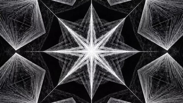 Symmetrical geometric white line pattern on black background.