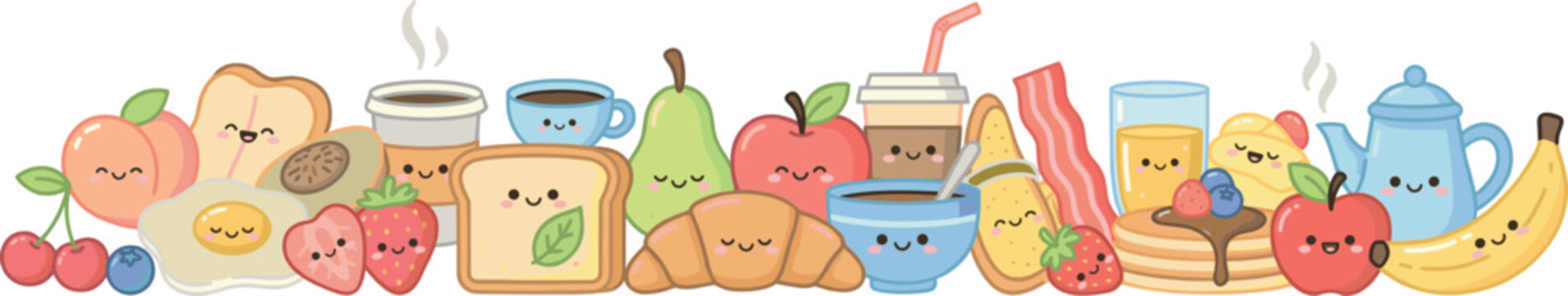 Cute breakfast food vector border banner featuring smiling cartoon characters like fried egg pancake bread coffee croissant bacon apple and banana