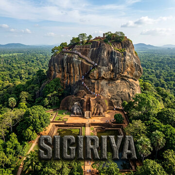 Panoramic view of the ancient Sigiriya Rock Fortress (Lion Rock) surrounded by forests, Sri Lanka
