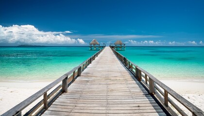 Fototapeta premium Wooden Pier Stretching Into Beautiful Turquoise Ocean Water On A Tropical White Sand Beach
