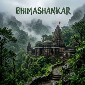 Misty view of the ancient Bhimashankar Jyotirlinga Temple in the lush Western Ghats, Maharashtra, India
