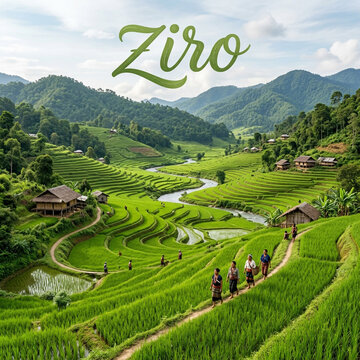 Beautiful green terraced rice fields in the mountain valley of Ziro, Arunachal Pradesh, India