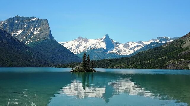 St mary lake island drone shot of beautiful mountain landscape water nature.