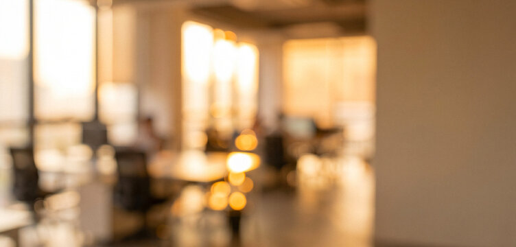 A soft-focus image of a modern office setting bathed in warm sunset light. The blurred background features workspaces and large windows.