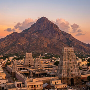 Annamalaiyar Temple Tiruvannamalai with Holy Mount Arunachala at Sunset, Dravidian Temple Towers Gopuram, Tamil Nadu, India
