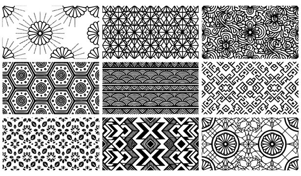 Set of 9 Seamless Black and White Vector Patterns Bundle Featuring Geometric Mandala Hexagons Aztec Tribal and Ornate Line Art Textures