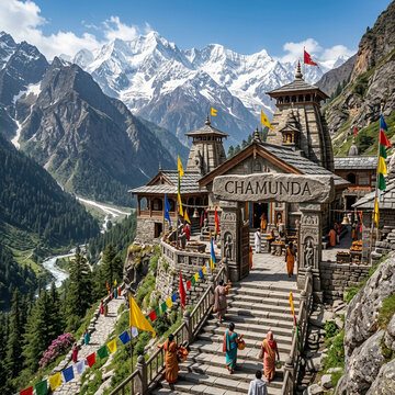 Chamunda Devi Temple in Kangra Valley with Snowy Dhauladhar Peaks, Sacred Durga Shakti Peeth