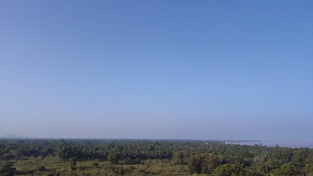 Panoramic view of a vast landscape with lush greenery under a clear blue sky