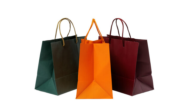 Three paper shopping bags in green orange, and burgundy