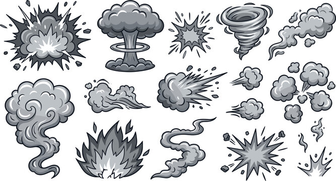 Comic Style Explosion and Smoke Cloud Set Featuring Mushroom Clouds Bomb Blasts Tornado Swirls Speed Dust Puffs and Fire Vector Illustrations