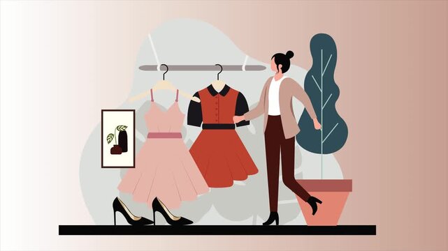Minimalist Boutique Apparel Selection and Elegant Wardrobe Retail Curation Animation: Woman Browsing Dresses and High Heels Next to Potted Plant, Pink Gradient Background, Seamless Loop.