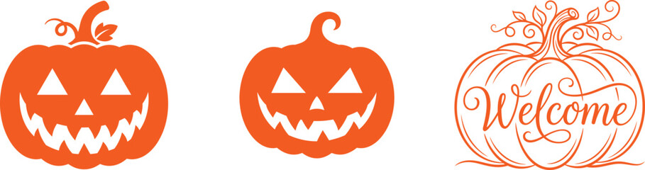 Black halloween pumpkins with carved faces jack o lantern, halloween, pumpkins, jack o lantern, carved, faces, spooky, scary, black, white, holiday. Happy halloween day pumpkins welcome sign © Ragia