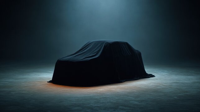 New car model covered with a cloth during a presentation at the showroom