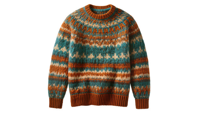 Fair Isle knit sweater with geometric pattern in teal orange, and cream