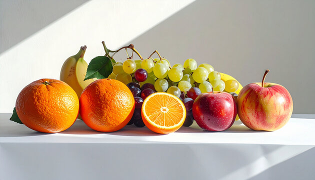 Assorted fresh fruits arranged on a white surface still life