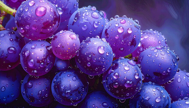 Close-up of fresh purple grapes covered in water droplets