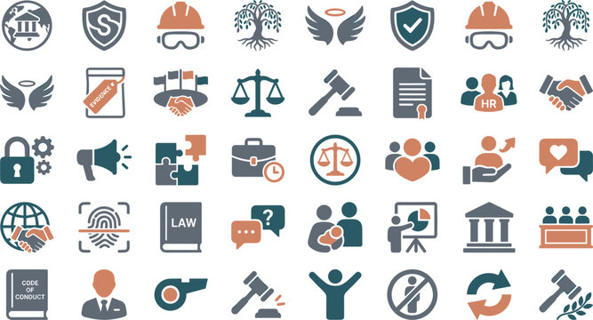 Business Ethics and Corporate Compliance Glyph Icon Set with Legal Regulations Code of Conduct and Human Resources Symbols for Web Designs
