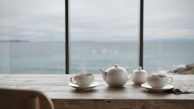 A white teapot, sugar bowl, and two cups of steaming tea on a wooden table in front of a large window overlooking a calm grey ocean