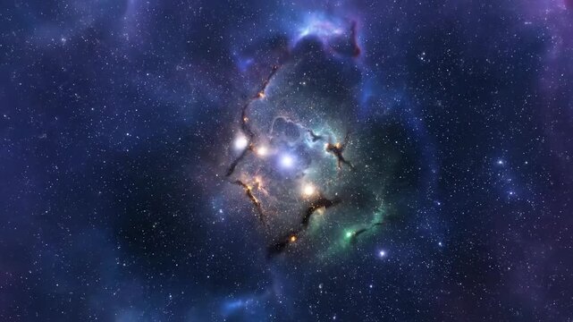 Dynamic celestial nebula with shimmering golden dust and intricate cosmic patterns slowly expanding and contracting in a magical design galaxy, shimmering golden dust, magic