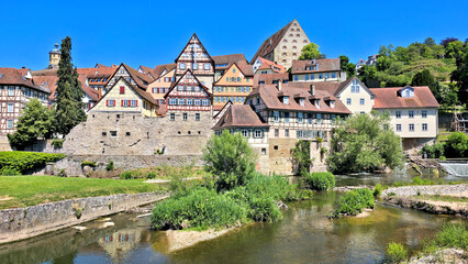Naklejka premium Beautiful riverside half timbered houses of the old town of Schwabisch Hall, Germany