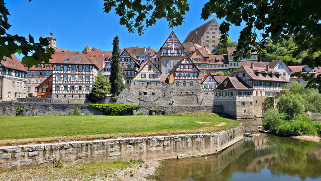 Beautiful riverside view of the old town of Schwabisch Hall, Germany with half timbered houses