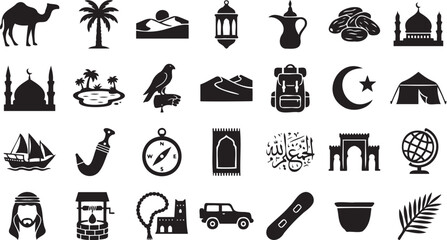 Islamic culture and desert travel themed vector graphic illustration set featuring traditional symbols icons and various Middle Eastern regional elements © Monivara Creations