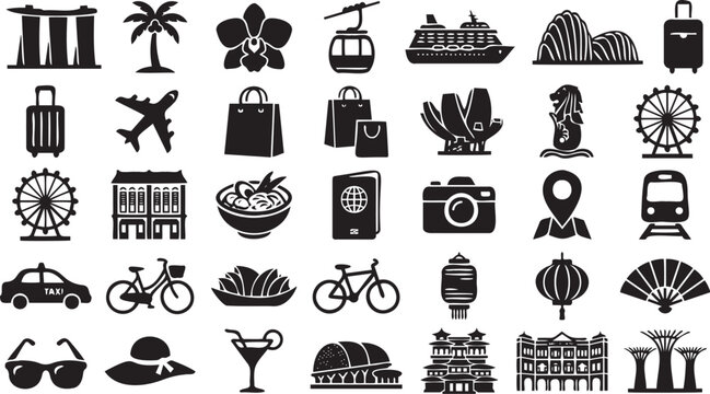 Black and white vector illustration set featuring various travel icons and cultural symbols representing tourism in the city of Singapore
