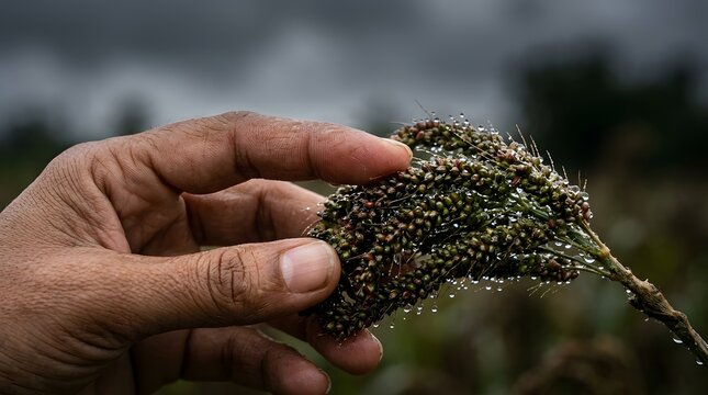 Farmer hand holding wet finger millet seed head with dew drops in rural field