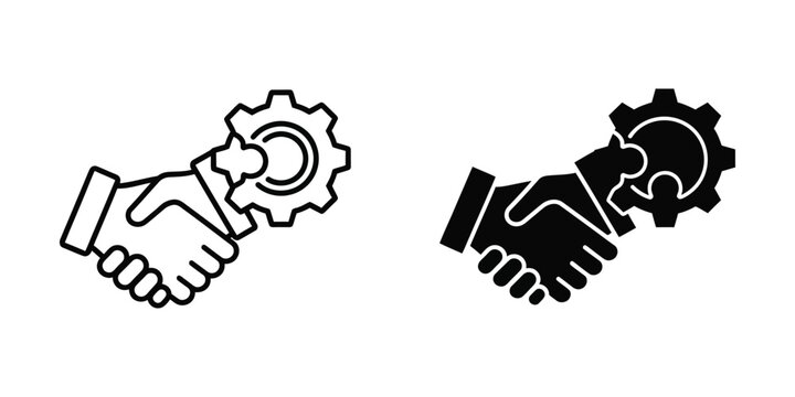 Handshake and gear puzzle piece set representing business partnership and technical collaboration solutions