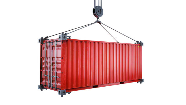 Red shipping container lifted by crane hook and cables