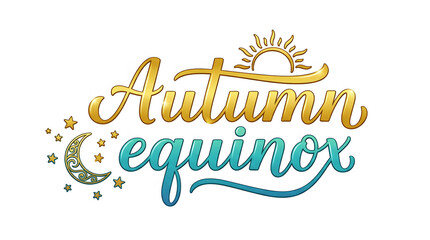 Golden Autumn Equinox text with sun moon and stars graphic image
