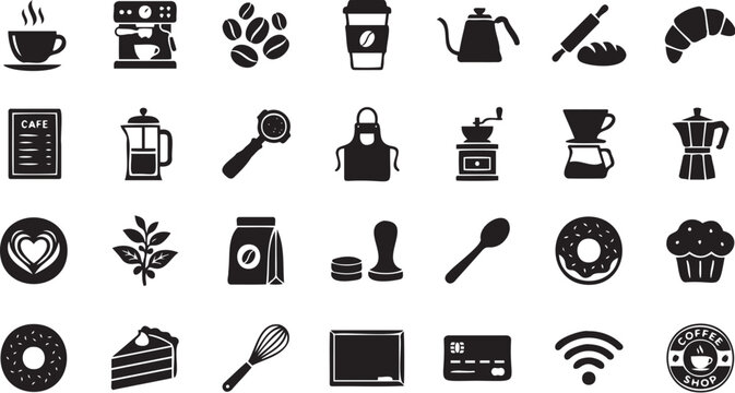 Comprehensive collection of flat black coffee shop vector icons featuring various brewing equipment pastries and essential cafe service symbols design
