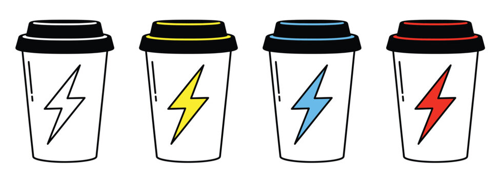 Set of four colorful coffee cups with lightning bolt icons for energy and caffeine concepts