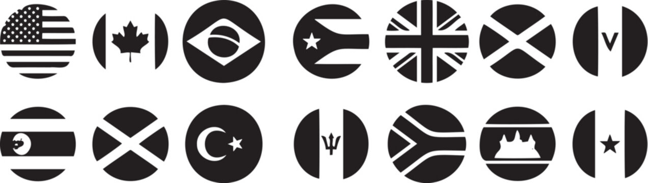Set of circular vector graphic icons featuring diverse international national flags rendered in a clean minimalist black and white style