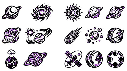Comprehensive purple space and astronomy icon set. © Akif