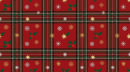 Fototapeta premium Red Christmas plaid pattern, holiday fabric texture, snowflake design, festive background