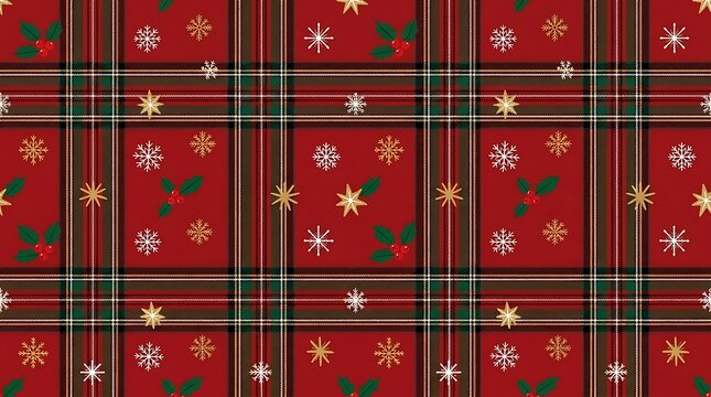 Red Christmas plaid pattern, holiday fabric texture, snowflake design, festive background