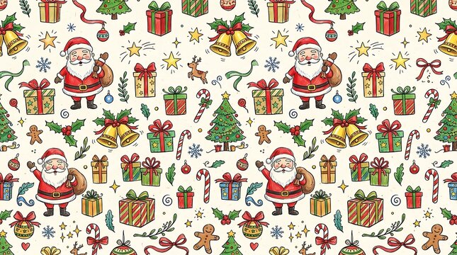 Christmas seamless pattern, holiday decorations, Santa Claus, gift boxes, festive wallpaper