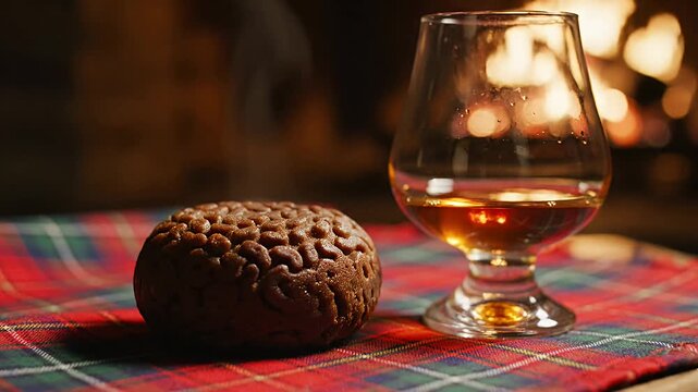 Close up of a biscuit and drink in a glass with a blurred background