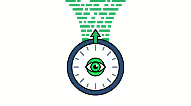 Vector illustration of a stopwatch with an eye and green binary code streaming up