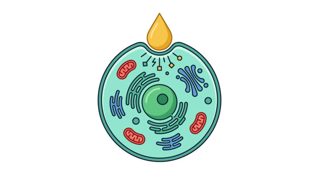 A colorful illustration of a cell with various organelles and a yellow droplet on top, showcasing biological structures in a visually engaging way for educational purposes in science and biology