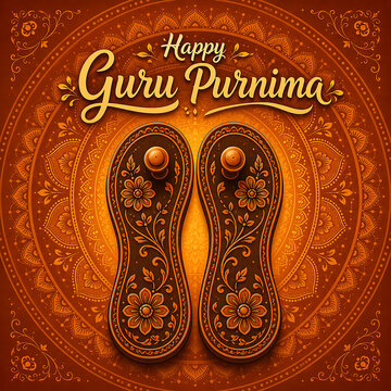 Guru purnima ornate wooden paduka sandals on golden mandala background for hindu relegious festival teacher worship devotion and sacred tradition celebration design
