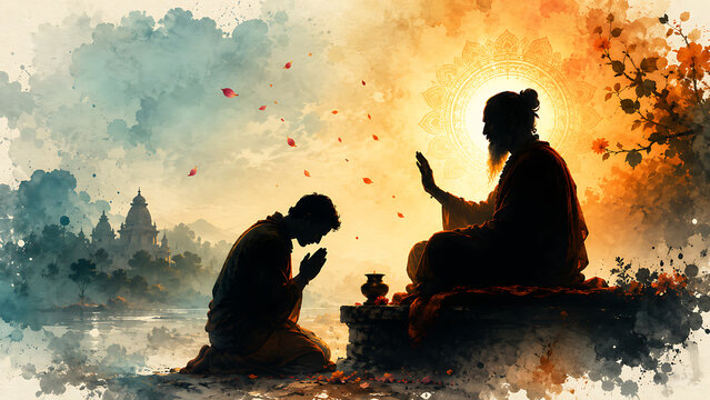 Guru purnima guru blessing devoted disciple near temple river with watercolor mandala for hindu relegious festival spirituality devotion and peaceful wisdom ceremony