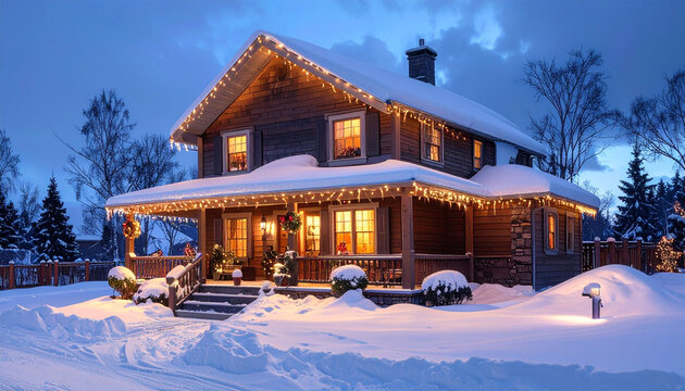 Cozy winter house with Christmas lights in snow at dusk