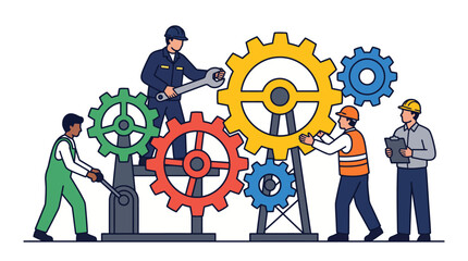 Four workers in different uniforms are assembling and adjusting large colorful gears on stands © Ashok