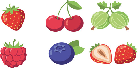 Fresh berry fruit vector icon set containing organic strawberry cherry gooseberry raspberry and blueberry elements isolated on white background © Sumaiya Akter Sweety