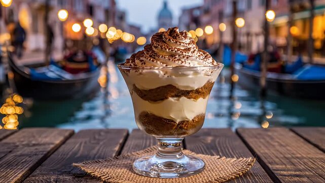 Delicious layered dessert with whipped cream against a bokeh backdrop