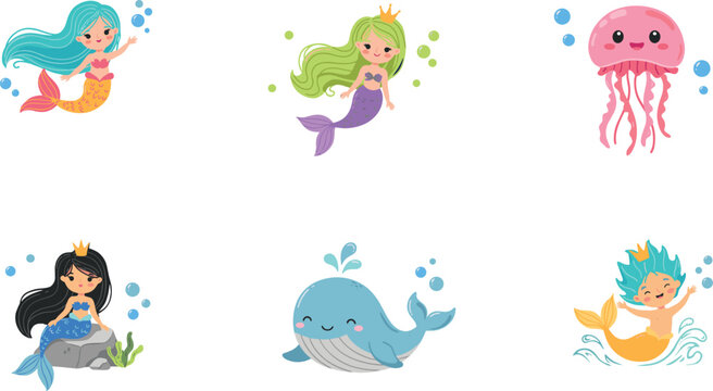 Cute underwater mermaid character vector set featuring little cartoon princess merman pink jellyfish and happy blue whale characters isolated on white background