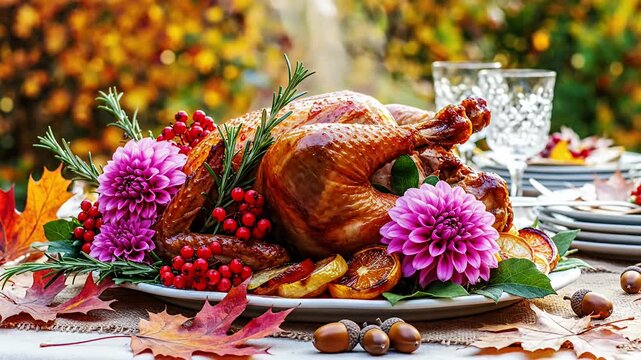 Thanksgiving feast roasted turkey and autumnal decorations overhead