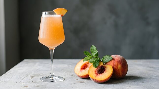 Peach bellini cocktail with fresh peaches and mint garnish elegant drink presentation